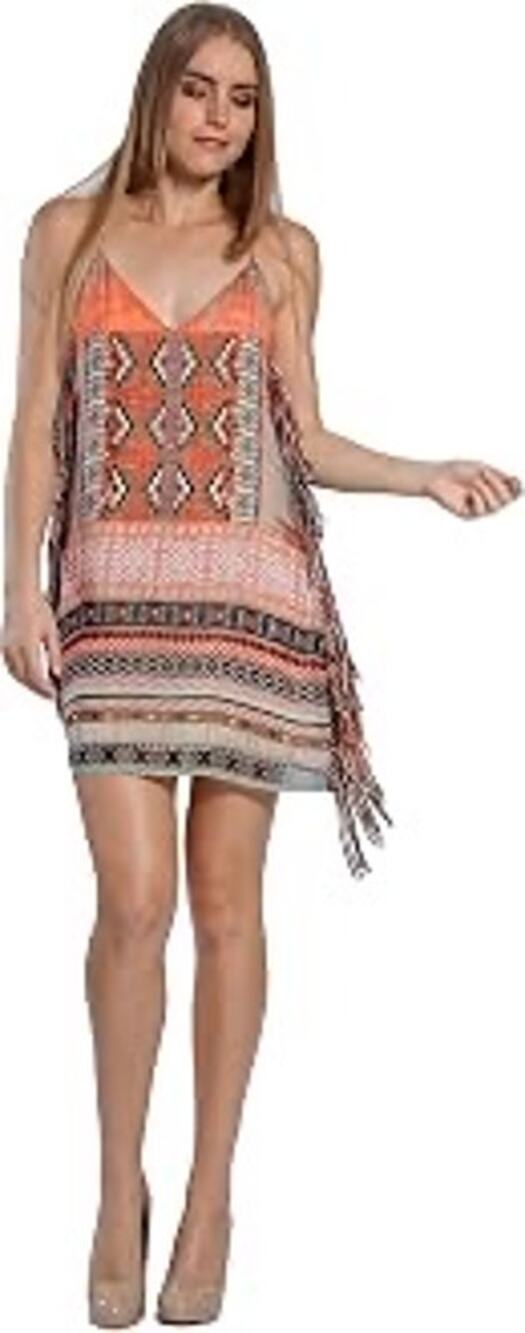 Lavender Brown Orange Aztec Print Fringe Mini Dress Size XS
